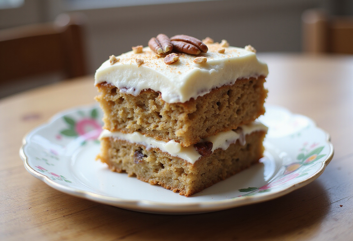 Delicious slice of Hummingbird Cake, featuring creamy frosting and pecans, beautifully displayed on a plate for storytelling in dessert photography.