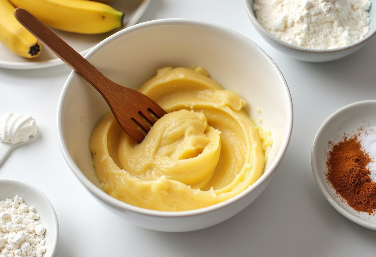 Mashed bananas preparation for Hummingbird Cake recipe with fresh ingredients like flour and sugar in the kitchen.