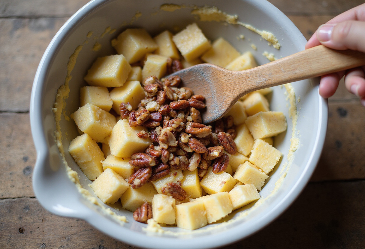 Mixing ingredients for Hummingbird Cake, showcasing a blend of bananas, pineapple, and pecans in a cozy kitchen setting.