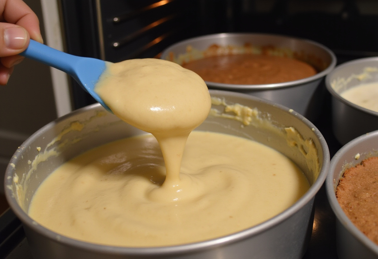Pouring cake batter into pans for Hummingbird Cake, depicting the preparation process with a warm kitchen atmosphere.