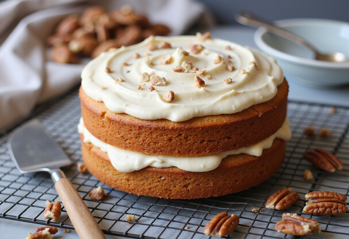 Cooling layers of Hummingbird Cake with cream cheese frosting, showcasing the beautiful dessert in a home bakery environment.