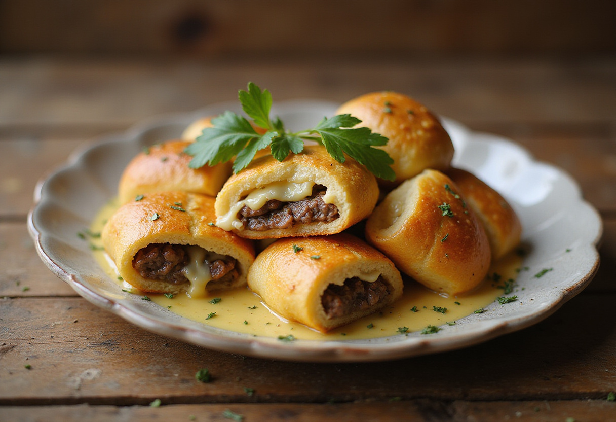 Golden-brown garlic butter cheeseburger rollups plated elegantly, highlighting their cheesy bliss and packed flavors.