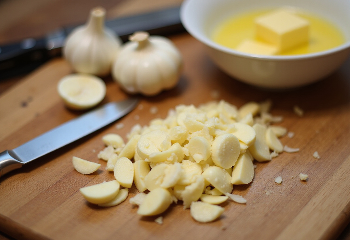 Minced garlic on a wooden cutting board with melted butter, perfect for irresistible garlic butter cheeseburger rollups.