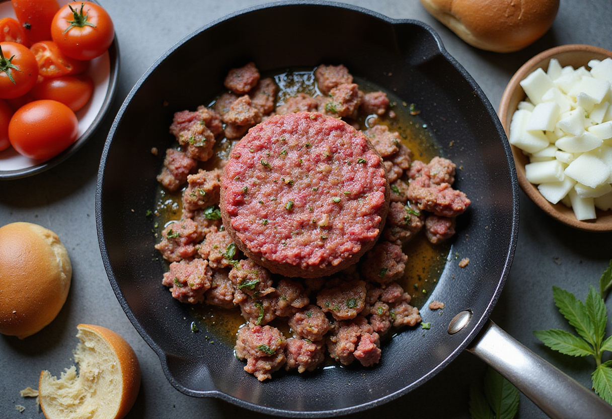 Sizzling seasoned ground beef in a skillet, essential for flavorful garlic butter cheeseburger rollups.