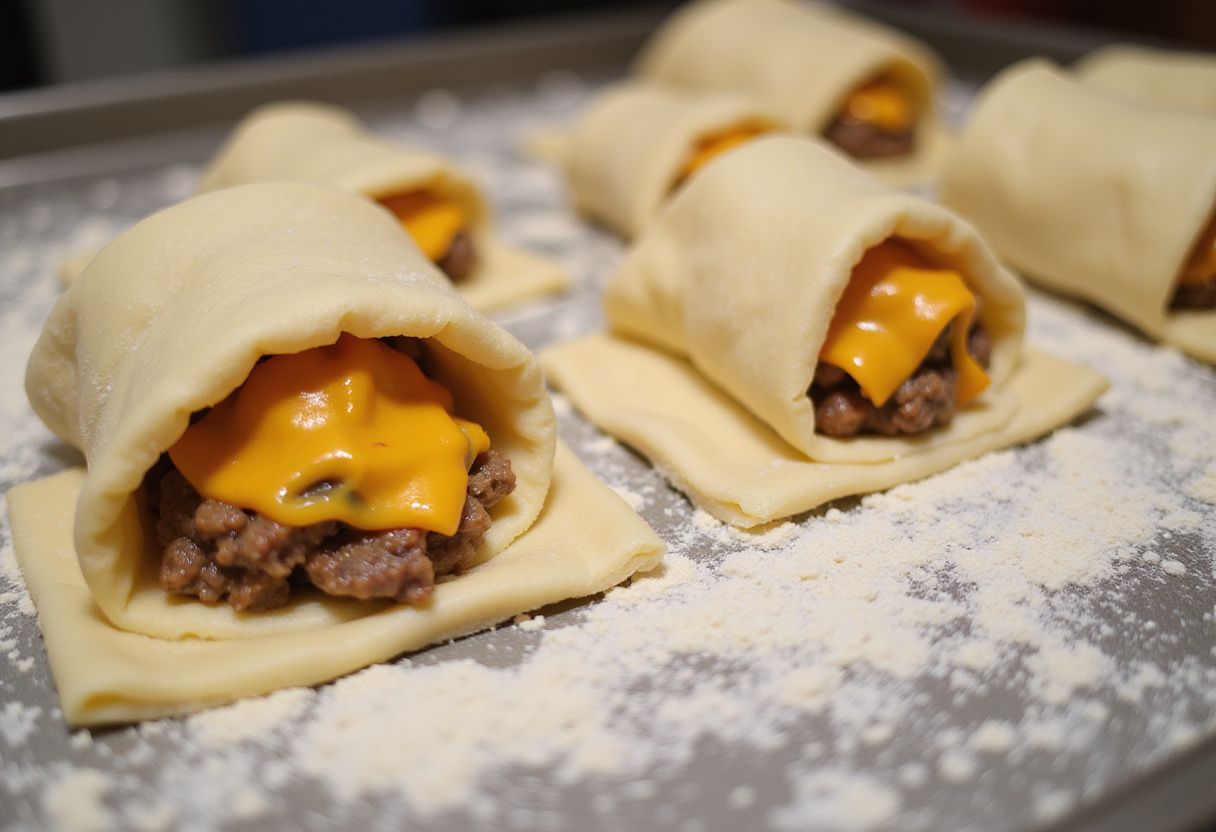 Rolling out dough for cheeseburger rollups filled with cheesy beef mixture, a crucial step to achieving unforgettable garlic butter rolls.