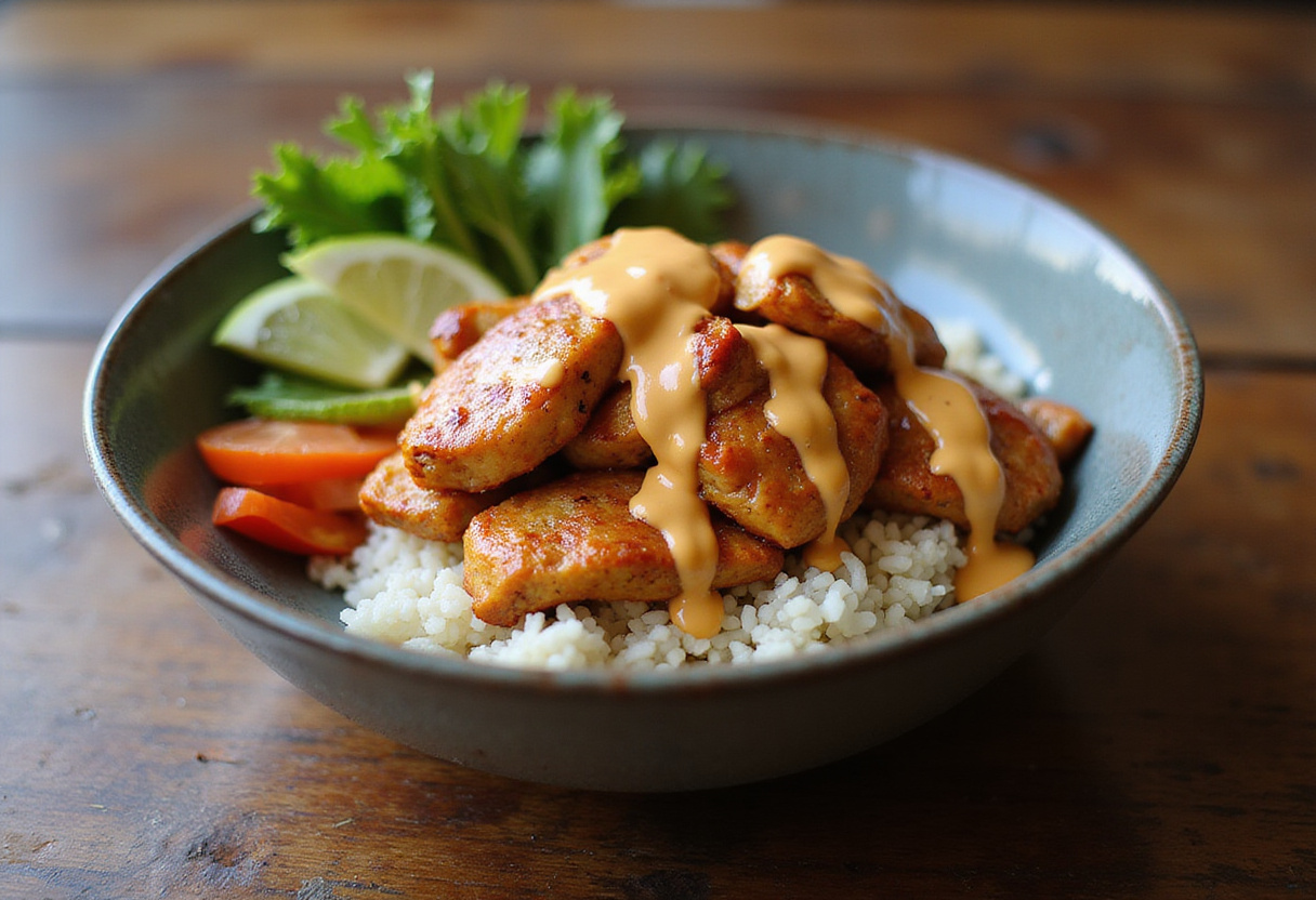 Irresistible spicy honey-ginger chicken bowl with creamy Yum Yum sauce, perfect for an Asian-inspired meal packed with flavor and freshness.