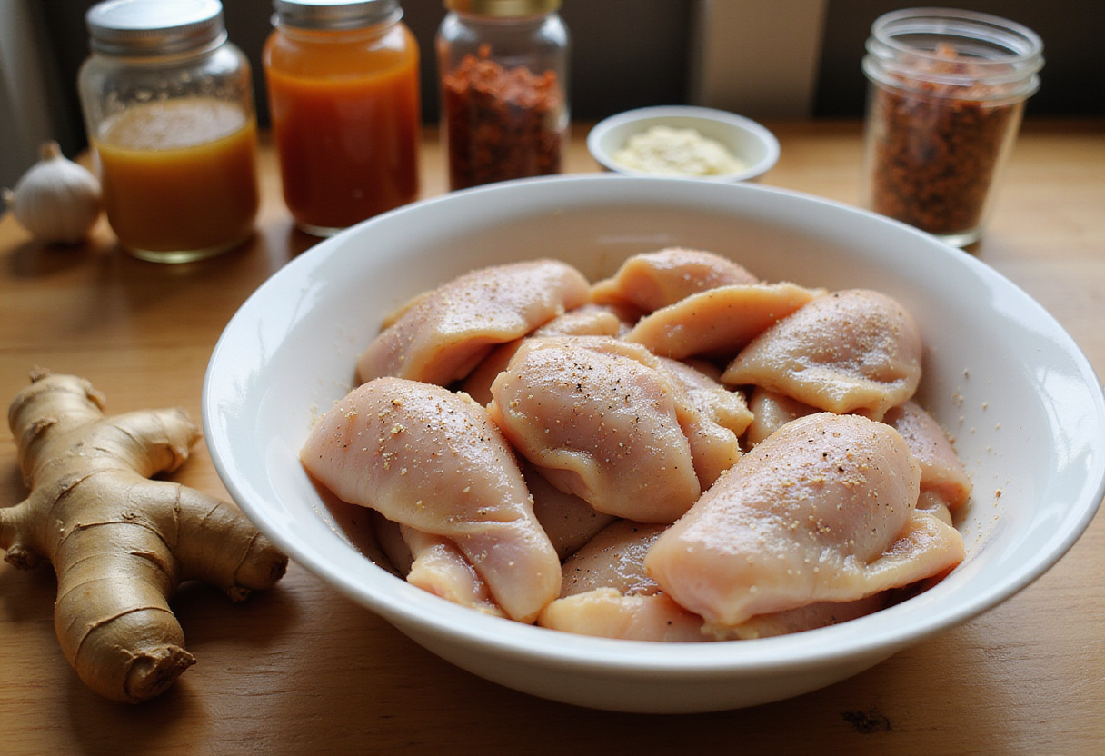Marinating chicken for spicy honey-ginger chicken bowls, featuring fresh ginger and honey, perfect for delicious Asian-inspired dishes.