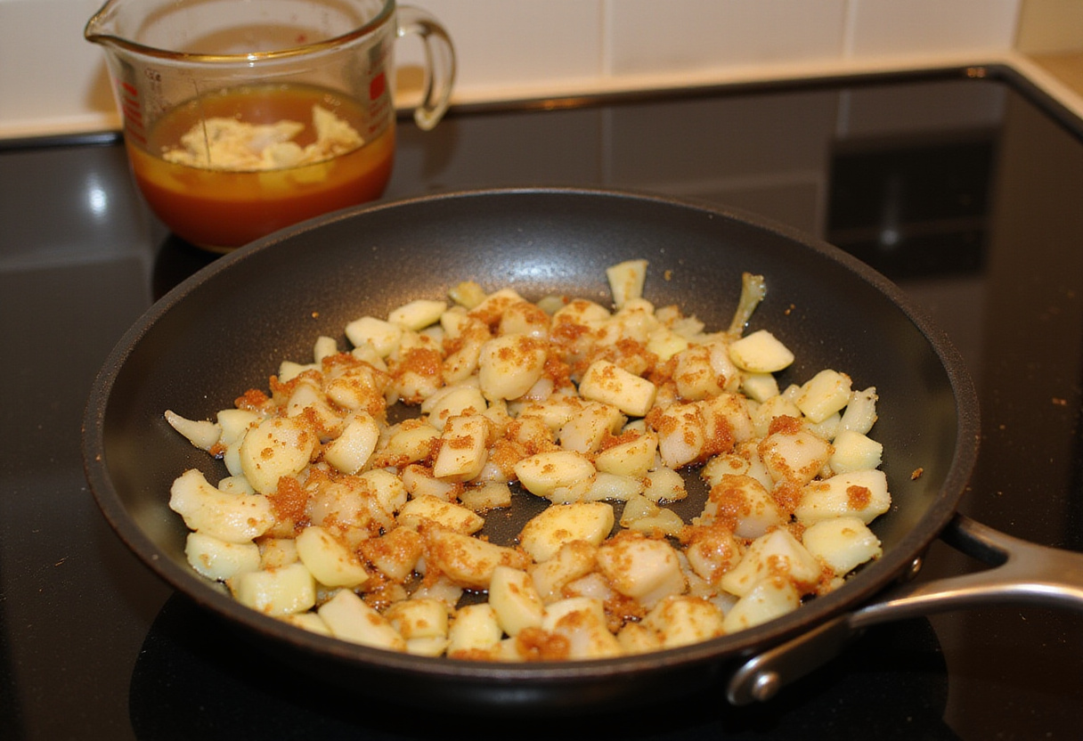 Sautéing garlic and onions for spicy honey-ginger sauce, representing the delicious aroma of Asian-inspired chicken bowls.