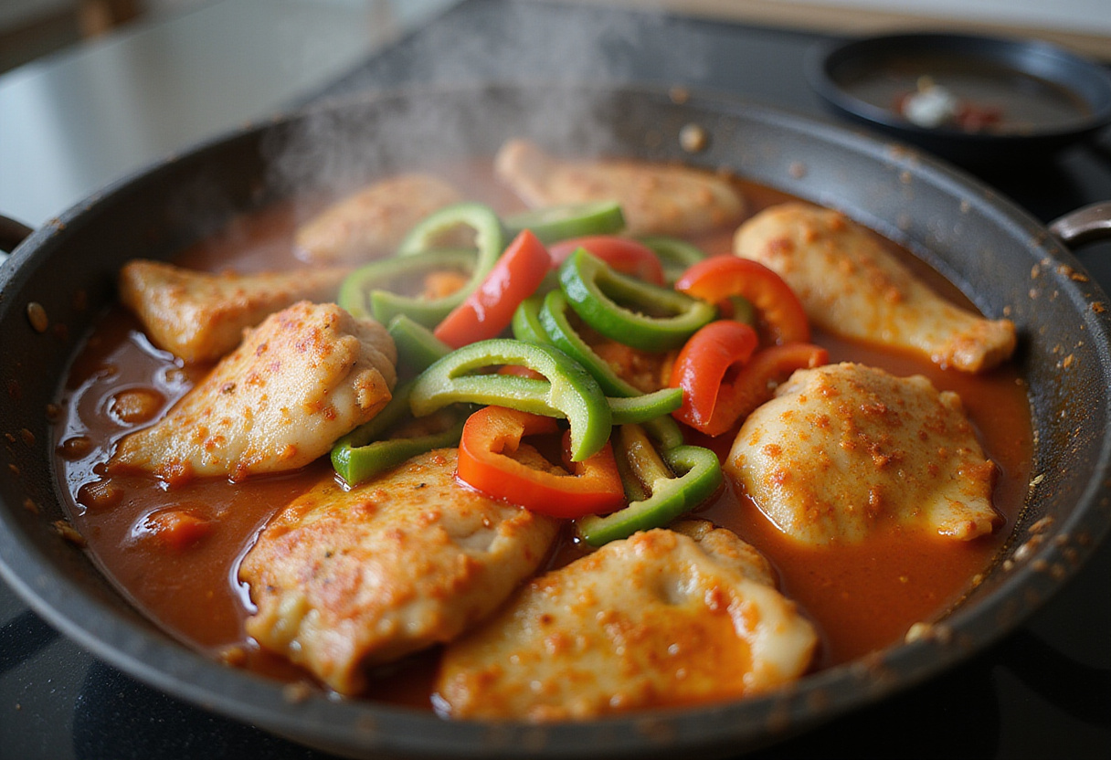 Simmering marinated chicken in a honey-ginger sauce with colorful bell peppers, embodying the essence of spicy Asian chicken bowls.