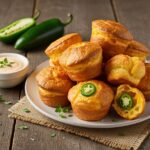 Delicious jalapeño cheddar popovers served on a plate, showcasing a perfect presentation ideal for a party snack or appetizer, highlighting their savory appeal.