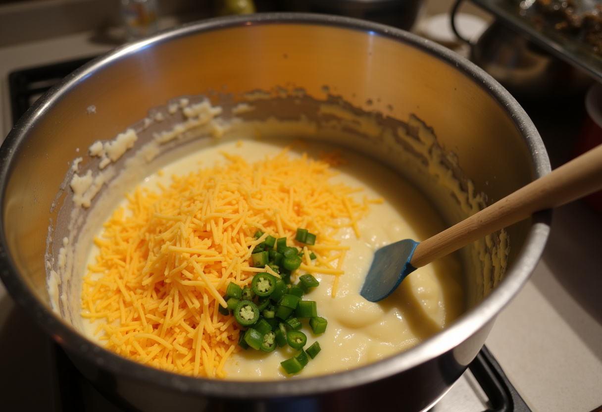 Mixing cheddar cheese and jalapeños for popovers, showcasing the key ingredients for jalapeño cheddar popovers in a cozy kitchen setting.