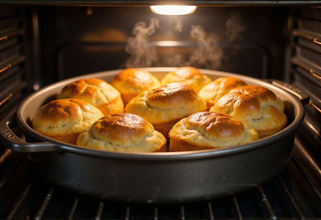 Jalapeño cheddar popovers baking in the oven, with a delicious golden-brown color that indicates a perfect bake for this savory snack.
