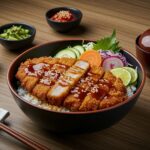 Delicious final presentation of Japanese Katsu Bowls with Tonkatsu Sauce, highlighting the juicy cutlet and colorful ingredients.
