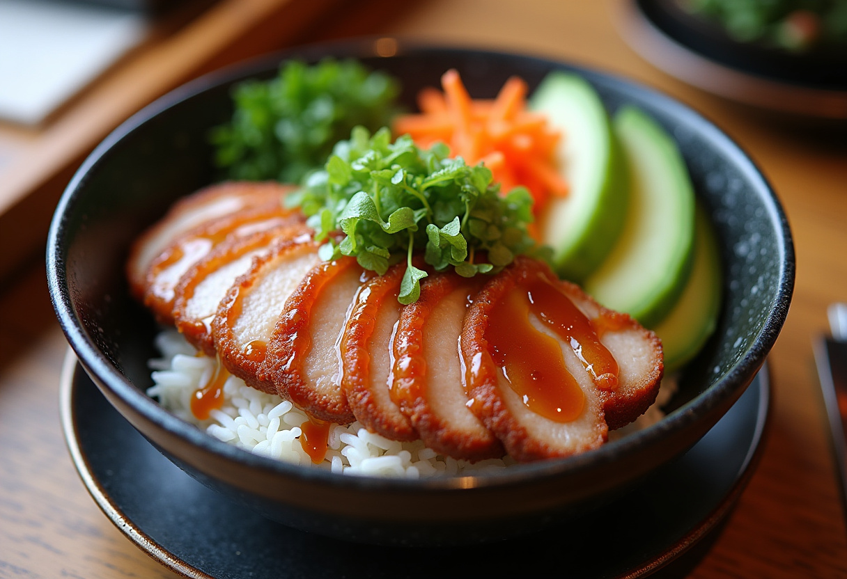 Delicious final presentation of Japanese Katsu Bowls with Tonkatsu Sauce, highlighting the juicy cutlet and colorful ingredients.