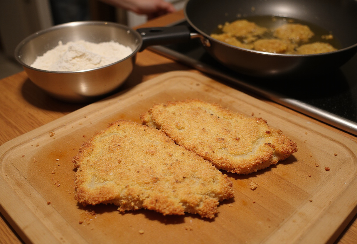 Making Japanese Katsu Bowls with Tonkatsu Sauce, featuring a breaded pork cutlet on a wooden board, ready for frying.