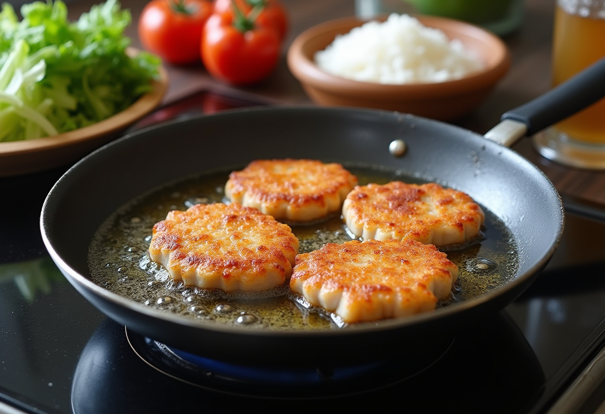 Frying the crispy pork cutlet for Japanese Katsu Bowls, showcasing the frying process and delicious ingredients.