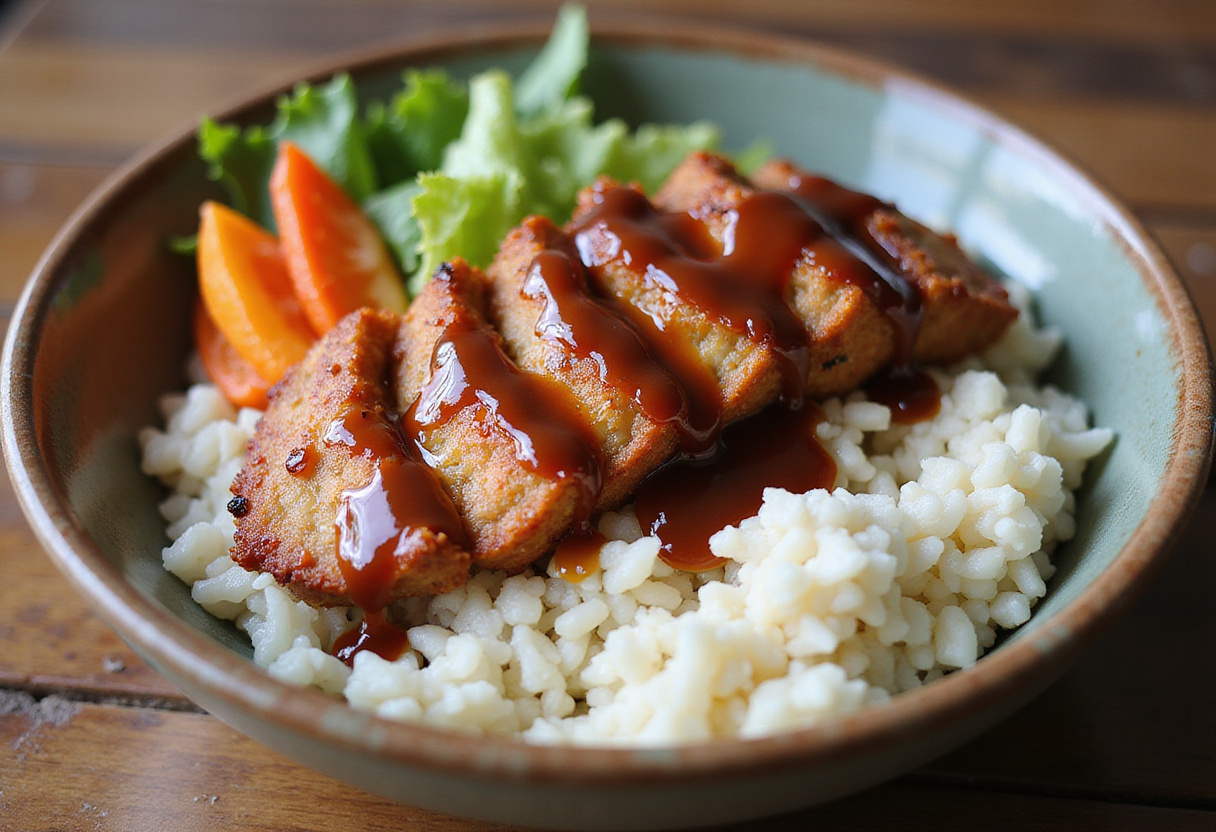 Assembling the Japanese Katsu Bowls with crispy pork cutlet and Tonkatsu sauce over rice, featuring fresh vegetables.
