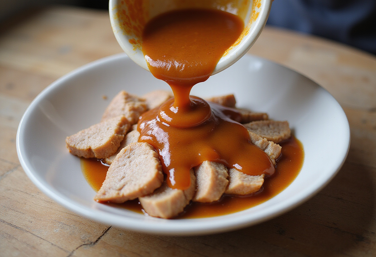 Drizzling Tonkatsu sauce over the pork cutlet in Japanese Katsu Bowls, enhancing the dish's flavor and presentation.