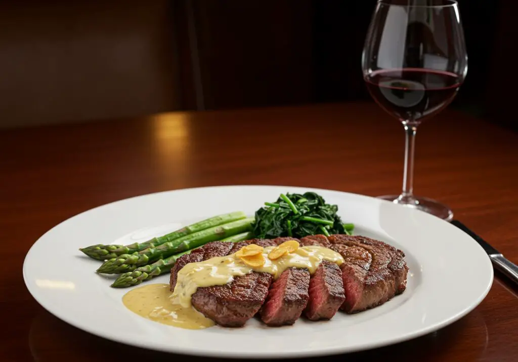 A stunning presentation of juicy steak with creamy garlic sauce, served with vegetables and wine, ideal for a gourmet dinner experience.