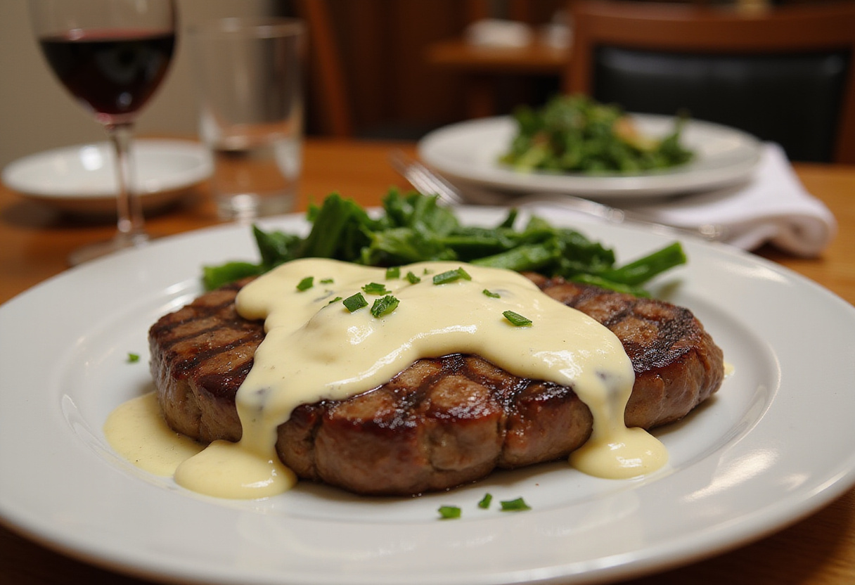 A stunning presentation of juicy steak with creamy garlic sauce, served with vegetables and wine, ideal for a gourmet dinner experience.