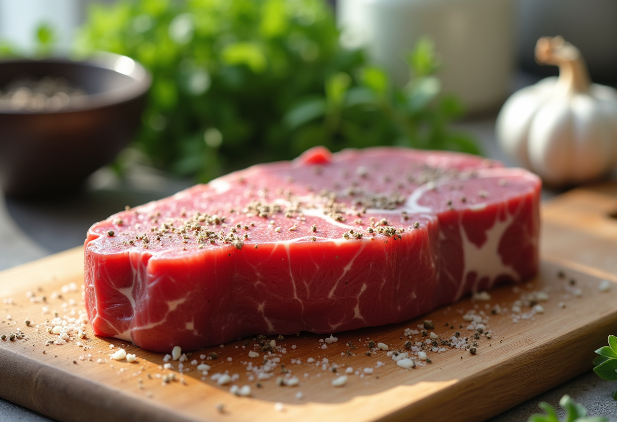 Preparing a juicy steak for cooking with spices in a bright kitchen, highlighting the fresh ingredients for a flavorful meal.
