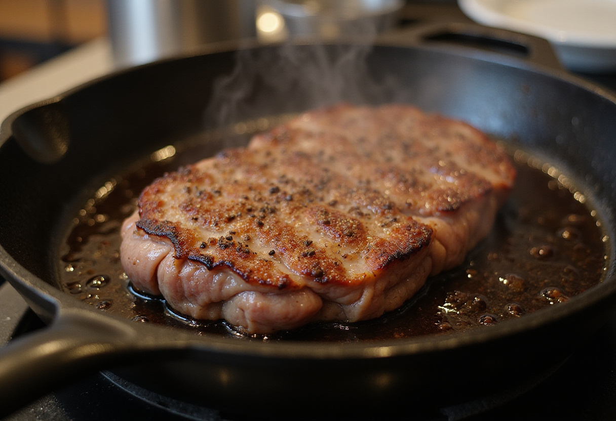 Searing a juicy steak in a cast-iron skillet, capturing the rich golden brown crust and the savory aroma of grilling meat.