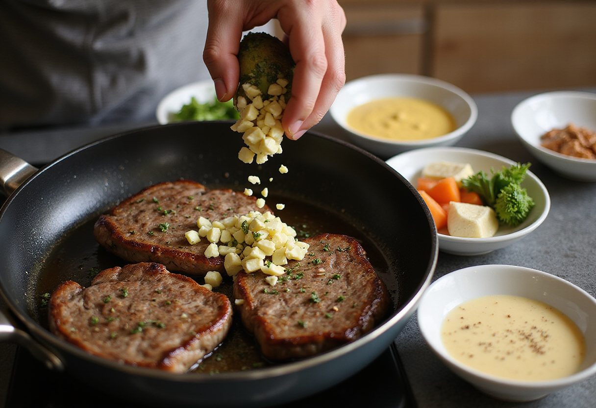 Adding fresh garlic and herbs to the skillet for a creamy garlic sauce, showing the vibrant ingredients for a delicious steak dish.
