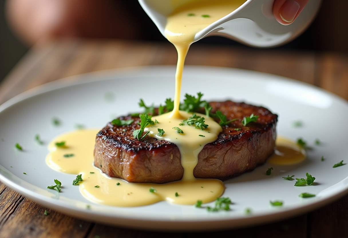 Drizzling creamy garlic sauce over a cooked juicy steak on a plate, showcasing a mouth-watering presentation perfect for a hearty meal.