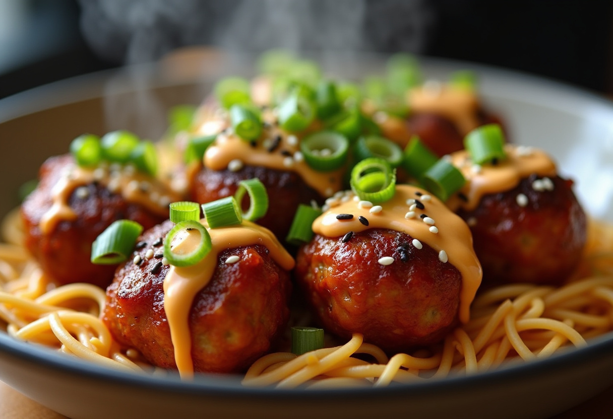 Delicious Korean BBQ meatballs with spicy mayo dip, a mouthwatering final dish ready for serving.