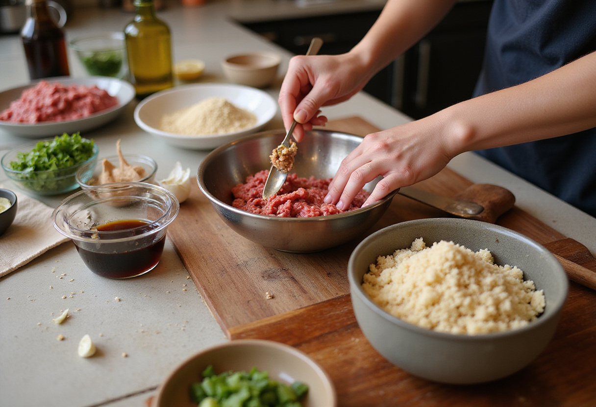 Creating Korean BBQ meatball mixture with ground beef, breadcrumbs, and garlic, a perfect start to a delicious dish.