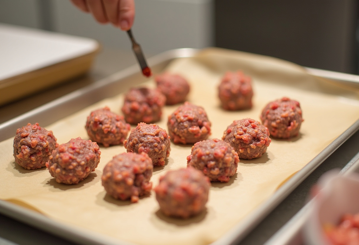 Forming Korean BBQ meatballs on a baking sheet, showing the preparation process for a tasty meal.