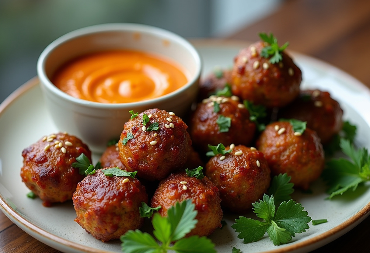 Serving Korean BBQ meatballs with spicy mayo dip, beautifully plated for an appealing presentation.