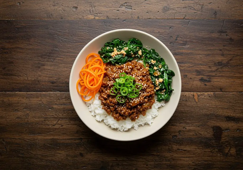 A deliciously crafted Korean Ground Beef Bowl featuring seasoned beef, rice, and vibrant garnishes served on a wooden table.