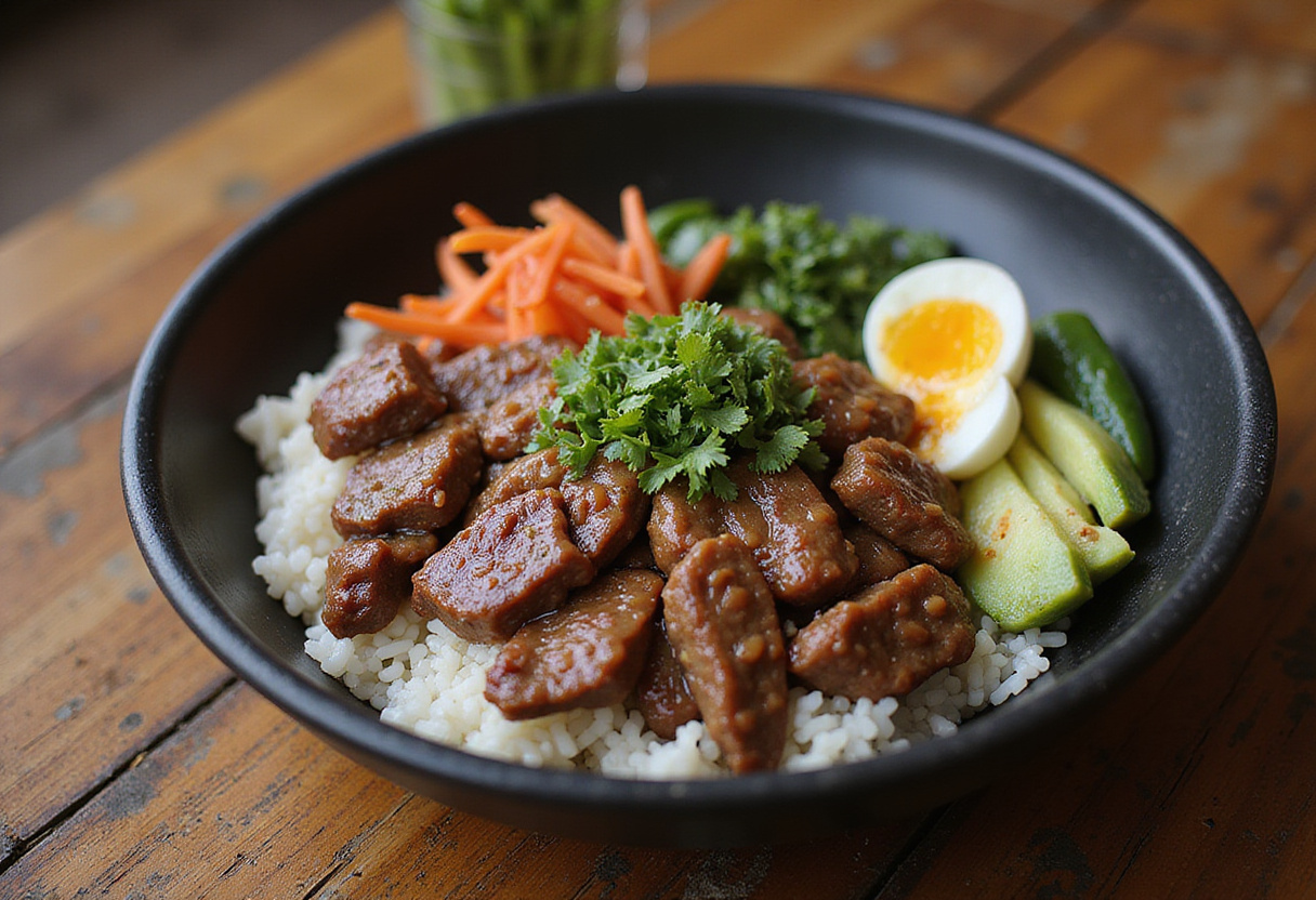 A deliciously crafted Korean Ground Beef Bowl featuring seasoned beef, rice, and vibrant garnishes served on a wooden table.