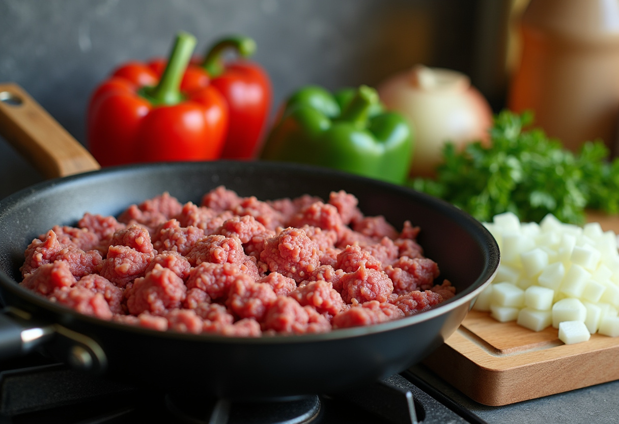 Cooking ground beef for a Korean Ground Beef Bowl with fresh vegetables like bell peppers and onions prepared for dicing.