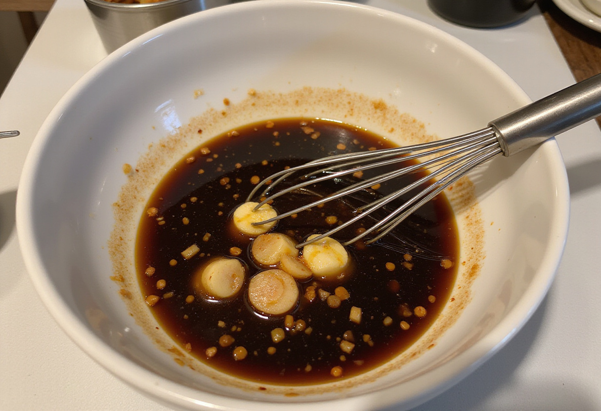 Preparing the sauce for Korean Ground Beef Bowl, featuring soy sauce, sesame oil, garlic, and ginger in a mixing bowl.