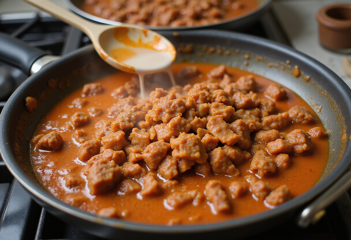 Combining cooked ground beef with savory sauce on the stovetop to enhance flavors in a Korean Ground Beef Bowl.