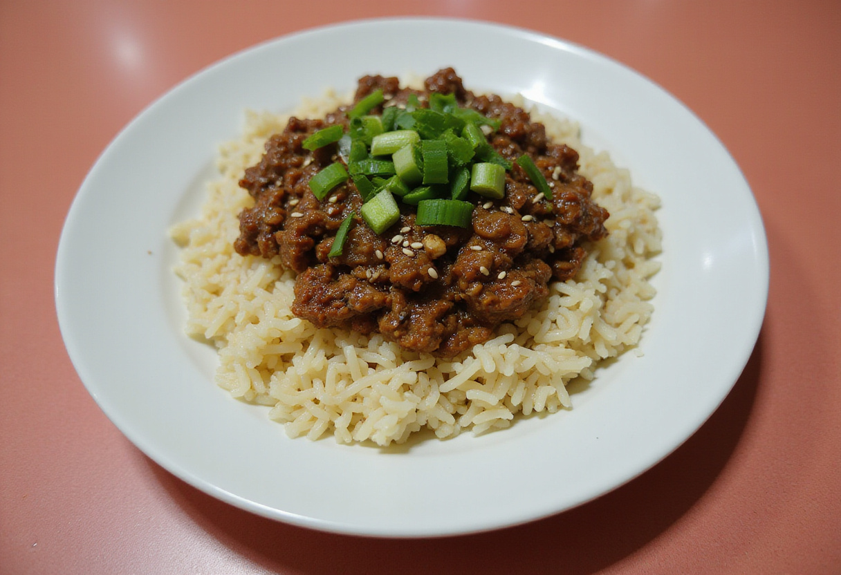 Serving a delicious Korean Ground Beef Bowl with seasoned beef on a bed of rice, garnished with green onions and sesame seeds.