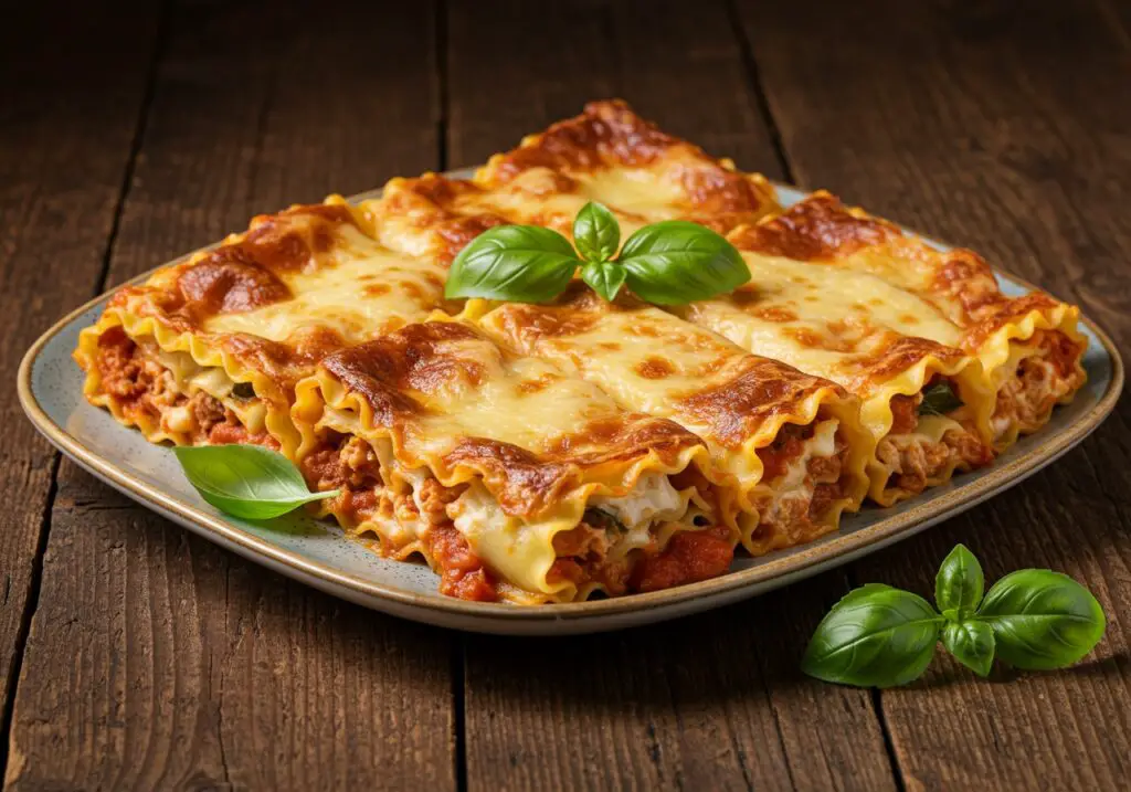 Deliciously baked lasagna rolls served on a wooden table, showcasing the perfect blend of flavors and a comforting Italian dish ready to taste.