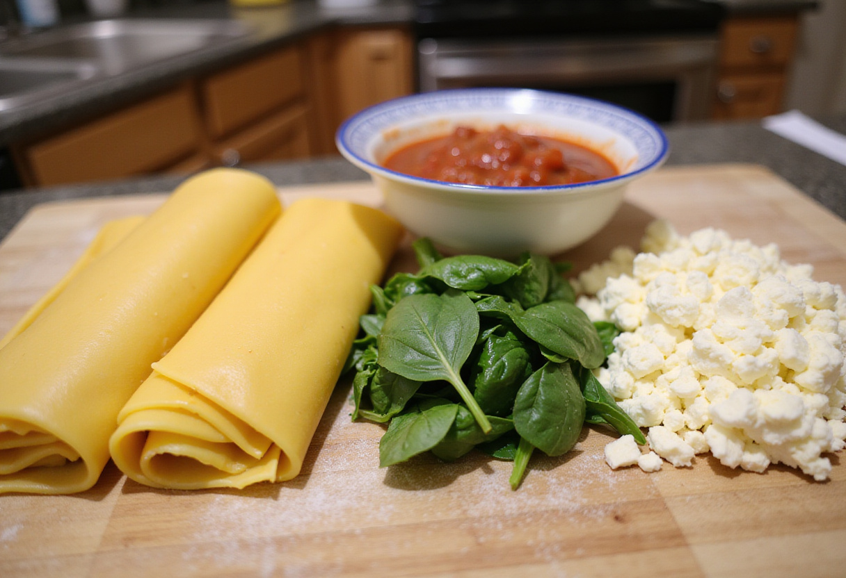 Preparing ingredients for lasagna rolls including ricotta cheese, spinach, and noodles for a delicious lasagna with layers of flavor.