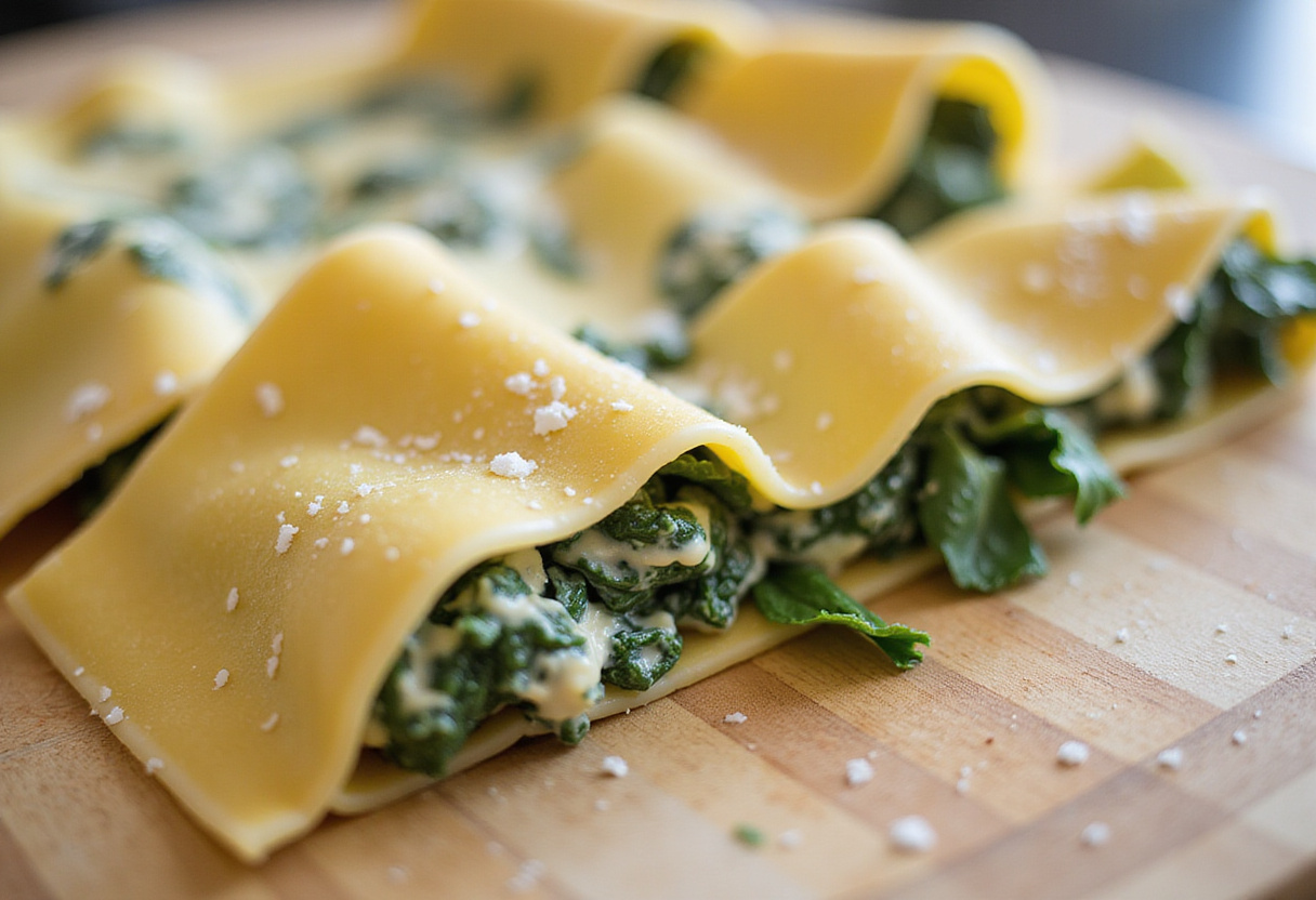 Filling lasagna noodles with a mixture of ricotta and spinach to create flavorful and delicious lasagna rolls, showcasing the filling process.