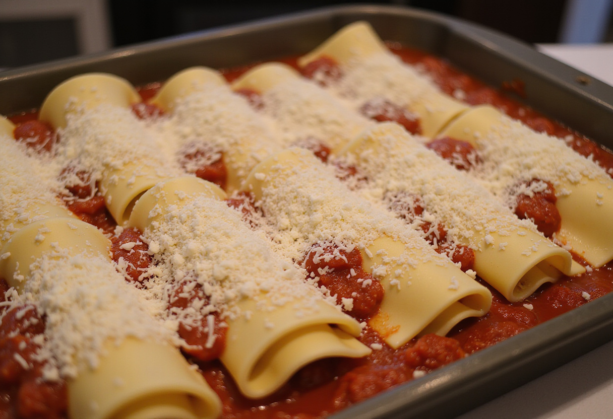 Assembling lasagna rolls in a baking dish with marinara sauce and cheese ready to be baked for a mouthwatering Italian meal.