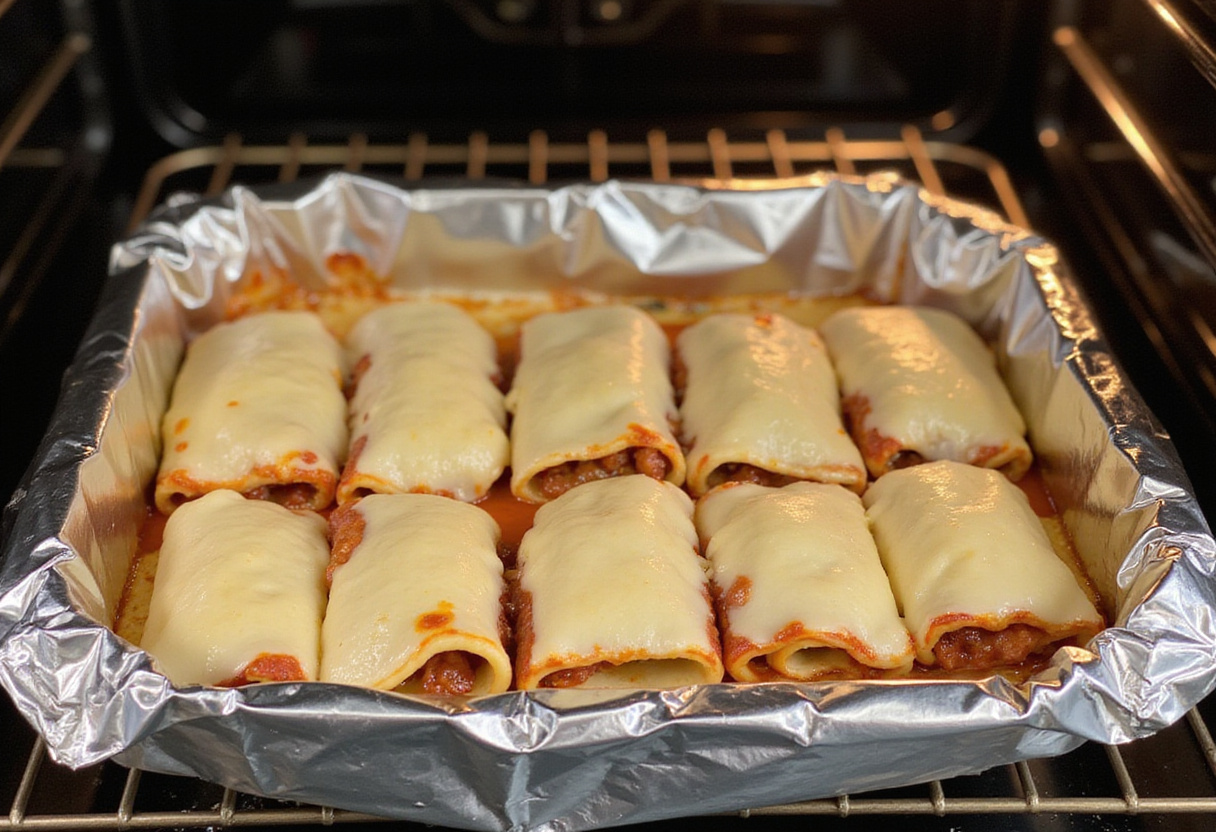 Covering lasagna rolls with foil in preparation for baking, ensuring a perfect melt and flavor for this classic Italian dish.