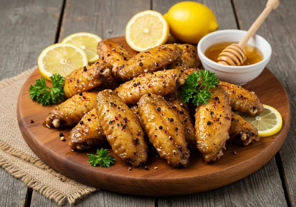 Delicious lemon pepper wings with honey presented beautifully, garnished with fresh lemon wedges, perfect for any gathering or meal.