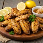 Delicious lemon pepper wings with honey presented beautifully, garnished with fresh lemon wedges, perfect for any gathering or meal.