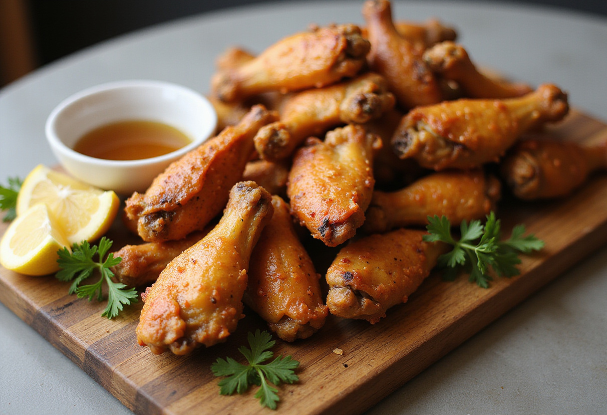 Delicious lemon pepper wings with honey presented beautifully, garnished with fresh lemon wedges, perfect for any gathering or meal.