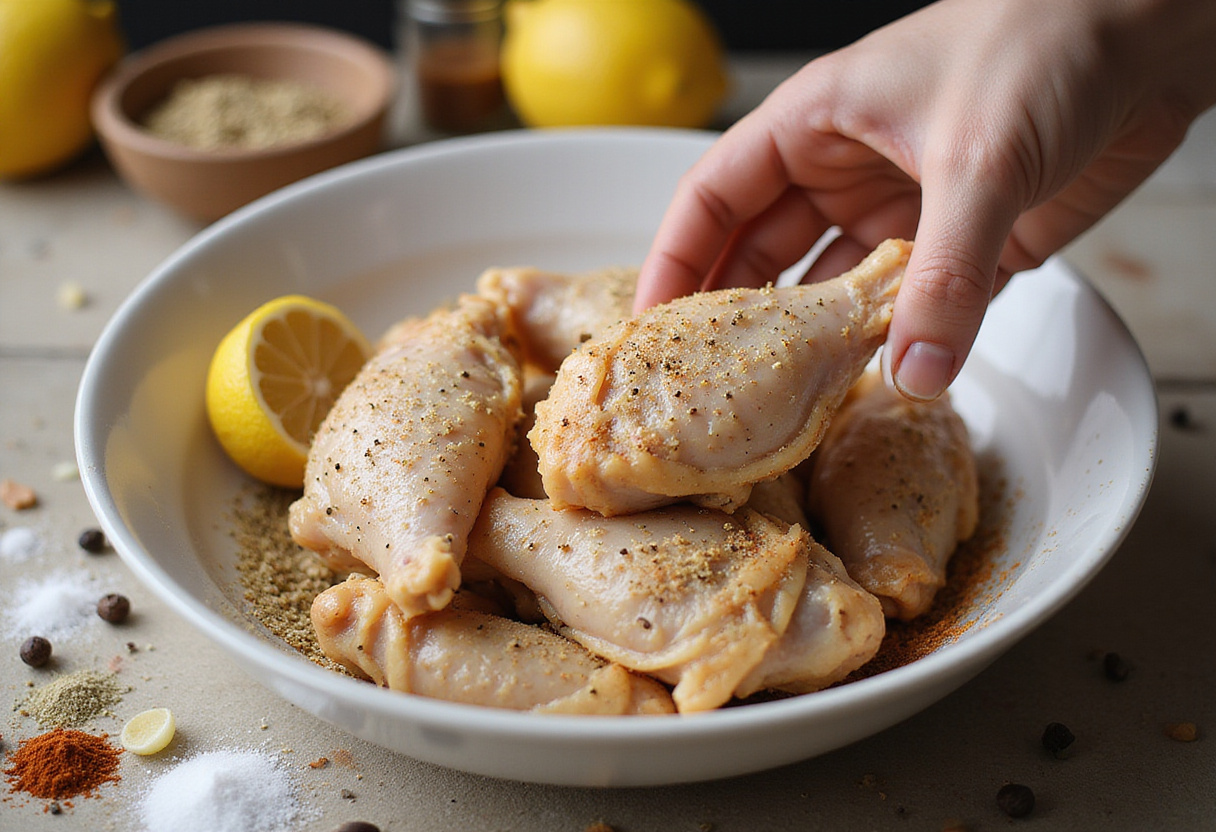 Fresh chicken wings ready to be seasoned for lemon pepper wings with honey, showcasing spices and ingredients important for flavoring.