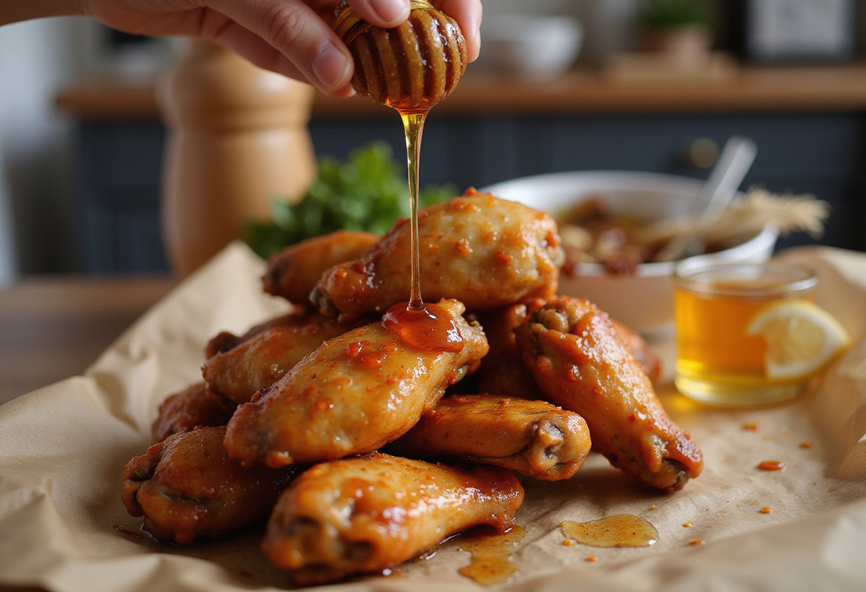 Drizzling honey over perfectly baked lemon pepper wings, enhancing their flavor in a classic lemon pepper wings with honey dish.