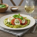 A stunning plate of light and creamy pesto Caprese pasta salad presented elegantly for a flavorful dining experience.