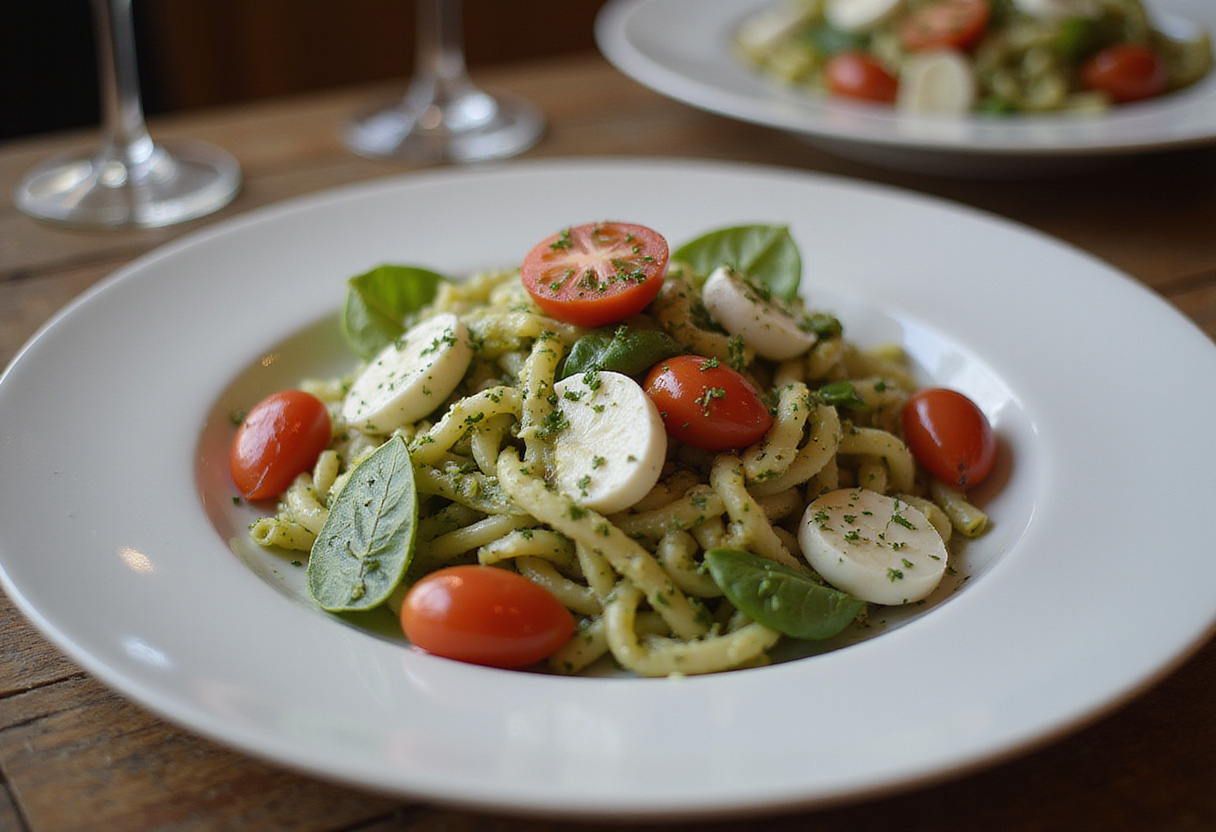 A stunning plate of light and creamy pesto Caprese pasta salad presented elegantly for a flavorful dining experience.